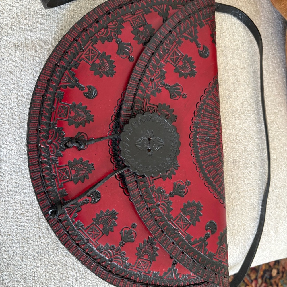 Elegant Red and Black Floral Leather Clutch